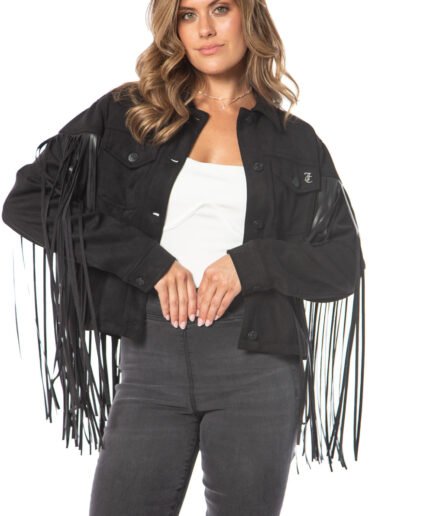 JUICY COUTURE FAUX LEATHER FRINGE TRUCKER JACKET
